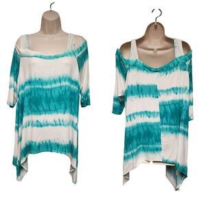 Seven Karat Tie Dye Teal White Cold Shoulder Top Blouse Junior 3Xdddddd